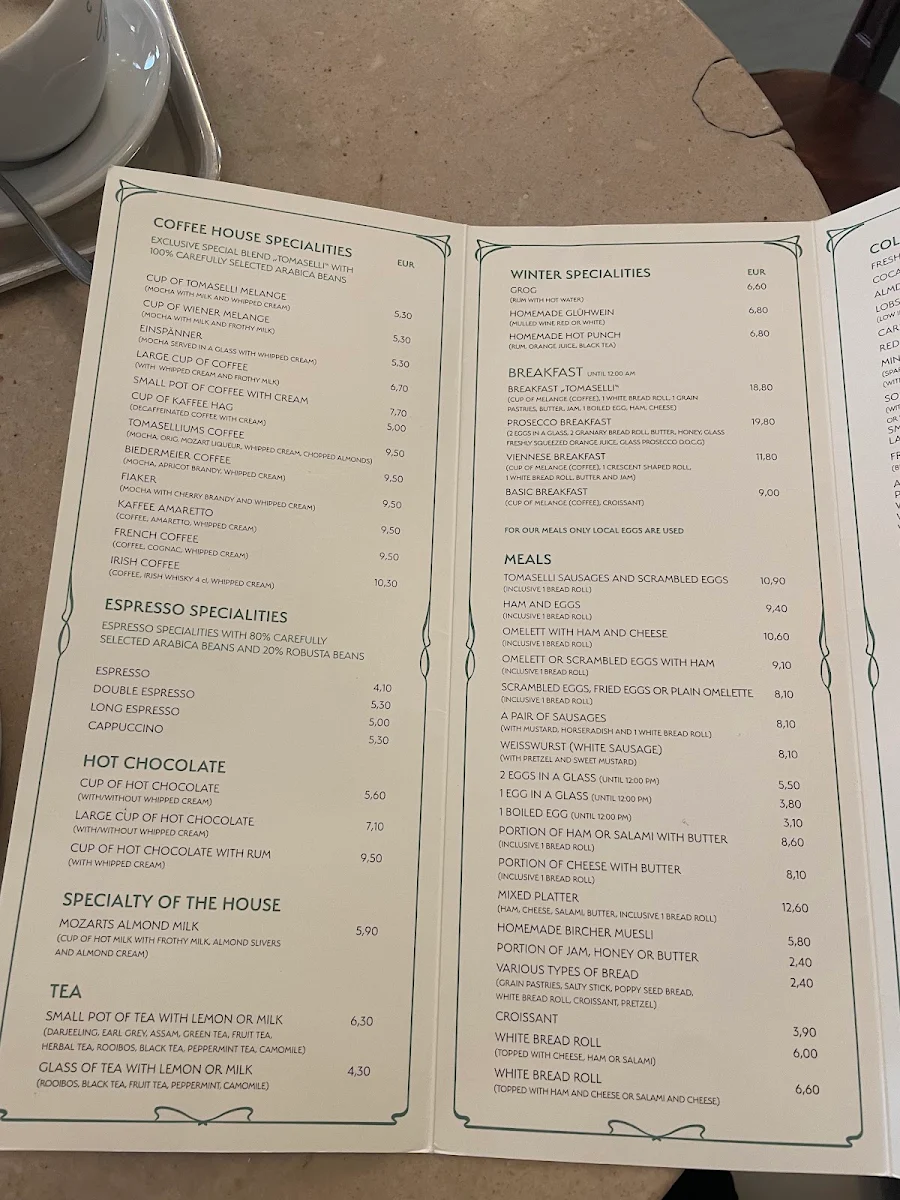 Speisekarte, Café Tomaselli