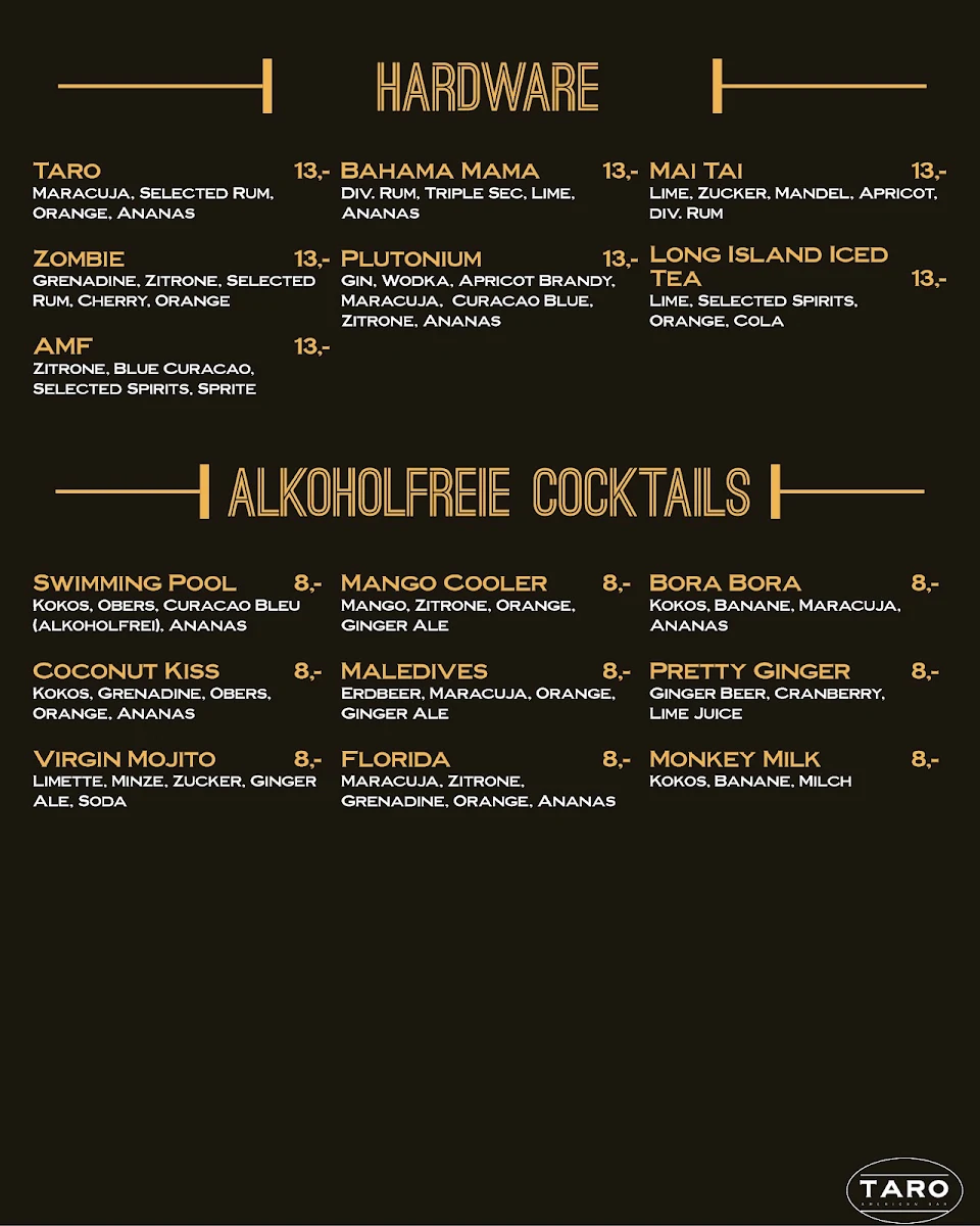 Speisekarte, TARO American Bar