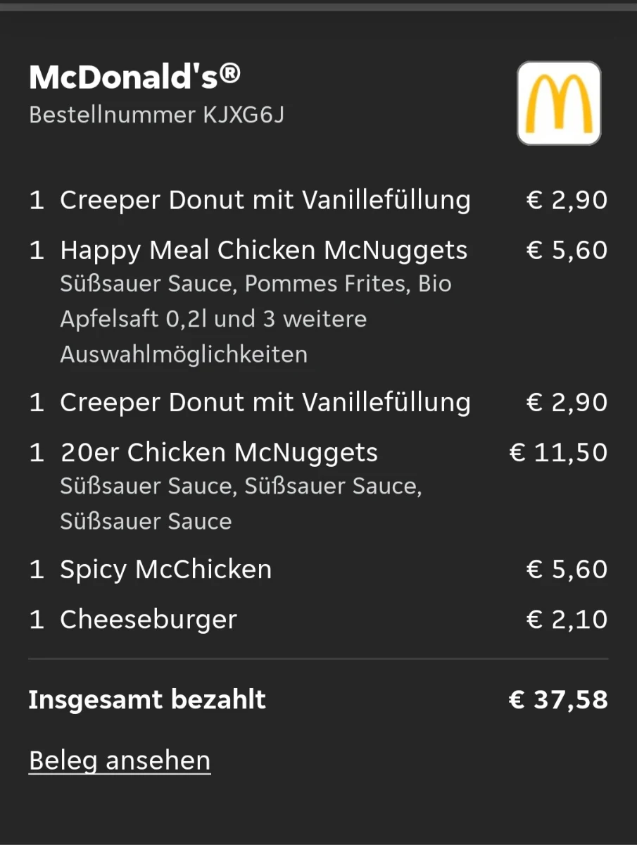 Speisekarte, McDonald's