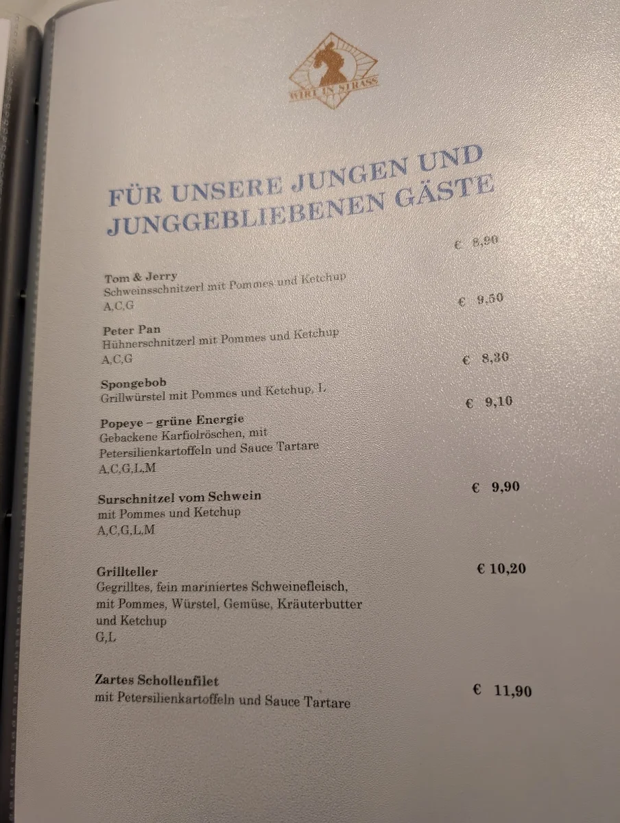 Speisekarte, Gasthaus Wirt in Straß