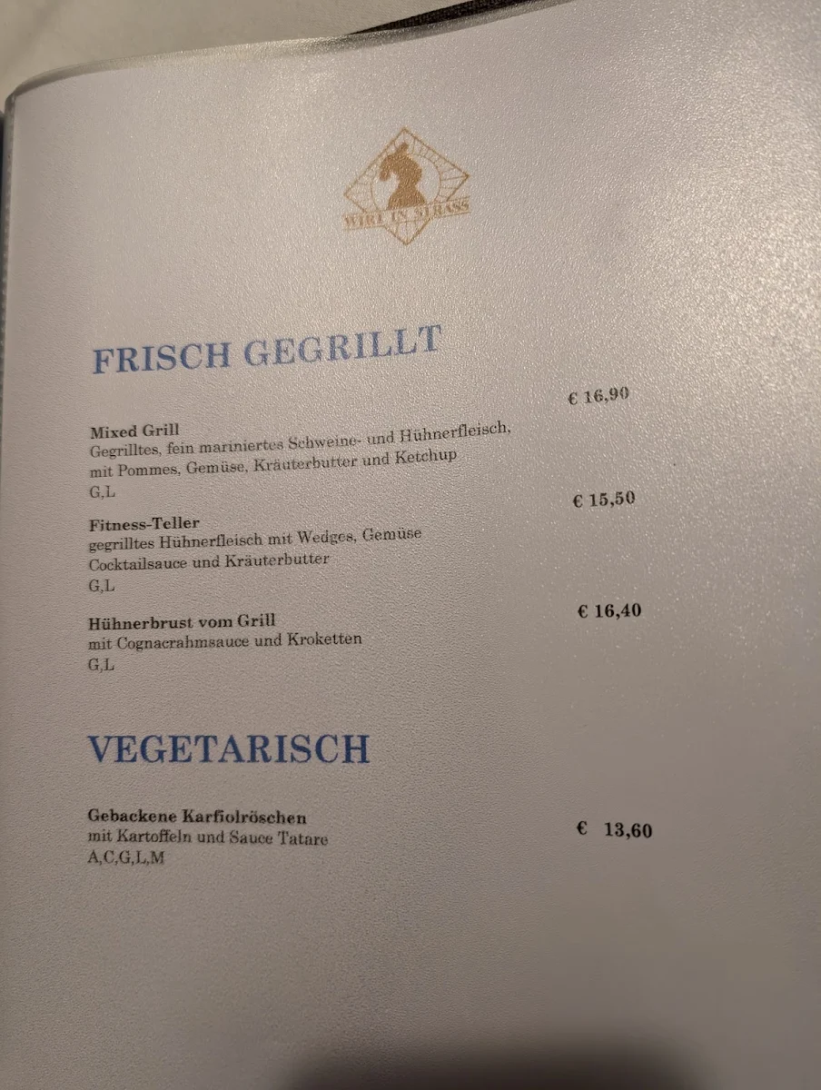 Speisekarte, Gasthaus Wirt in Straß