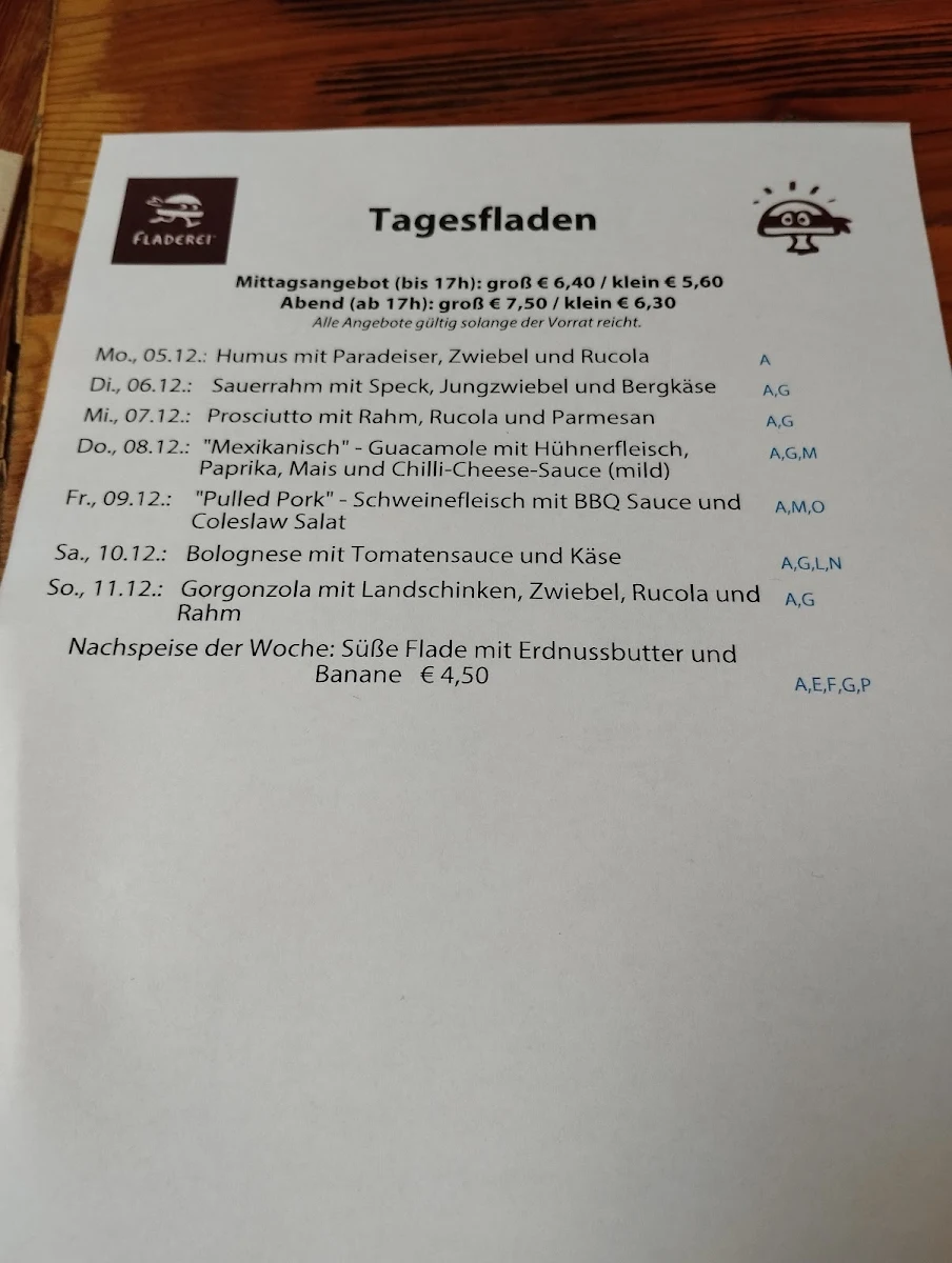 Speisekarte, Fladerei Otto Bauer Gasse