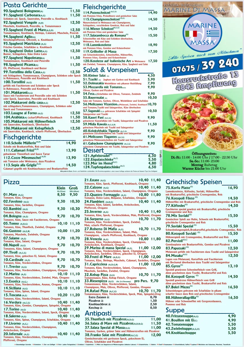 Speisekarte, Pizzaria Marine di Massa Restaurant