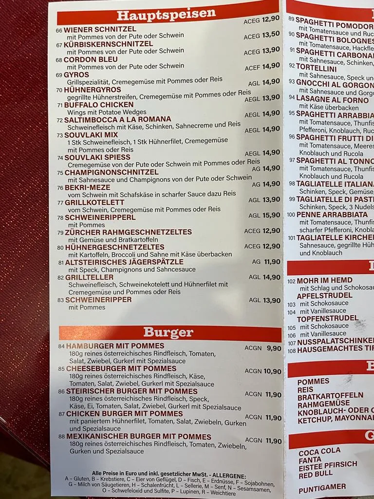Speisekarte, Kirchenwirt Ligist, Cafe Pizzeria, Zustelldienst