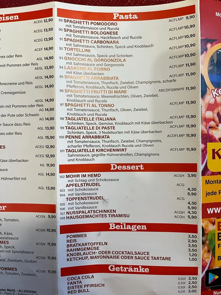 Speisekarte, Kirchenwirt Ligist, Cafe Pizzeria, Zustelldienst