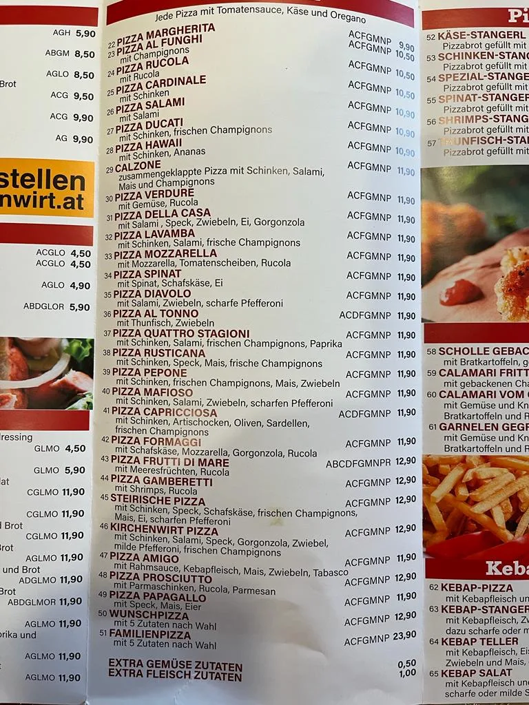 Speisekarte, Kirchenwirt Ligist, Cafe Pizzeria, Zustelldienst