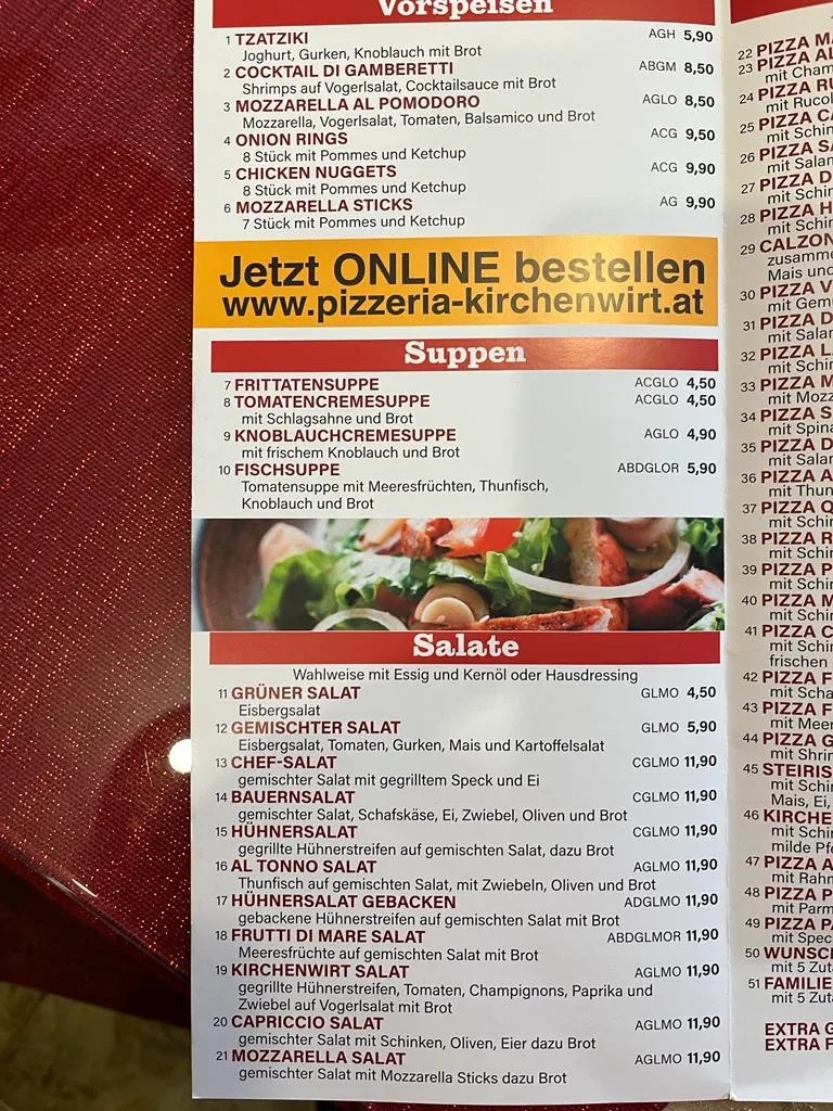 Speisekarte, Kirchenwirt Ligist, Cafe Pizzeria, Zustelldienst