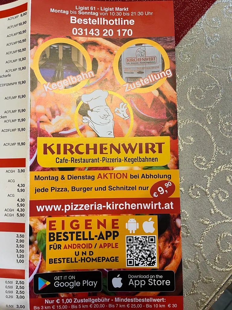 Speisekarte, Kirchenwirt Ligist, Cafe Pizzeria, Zustelldienst