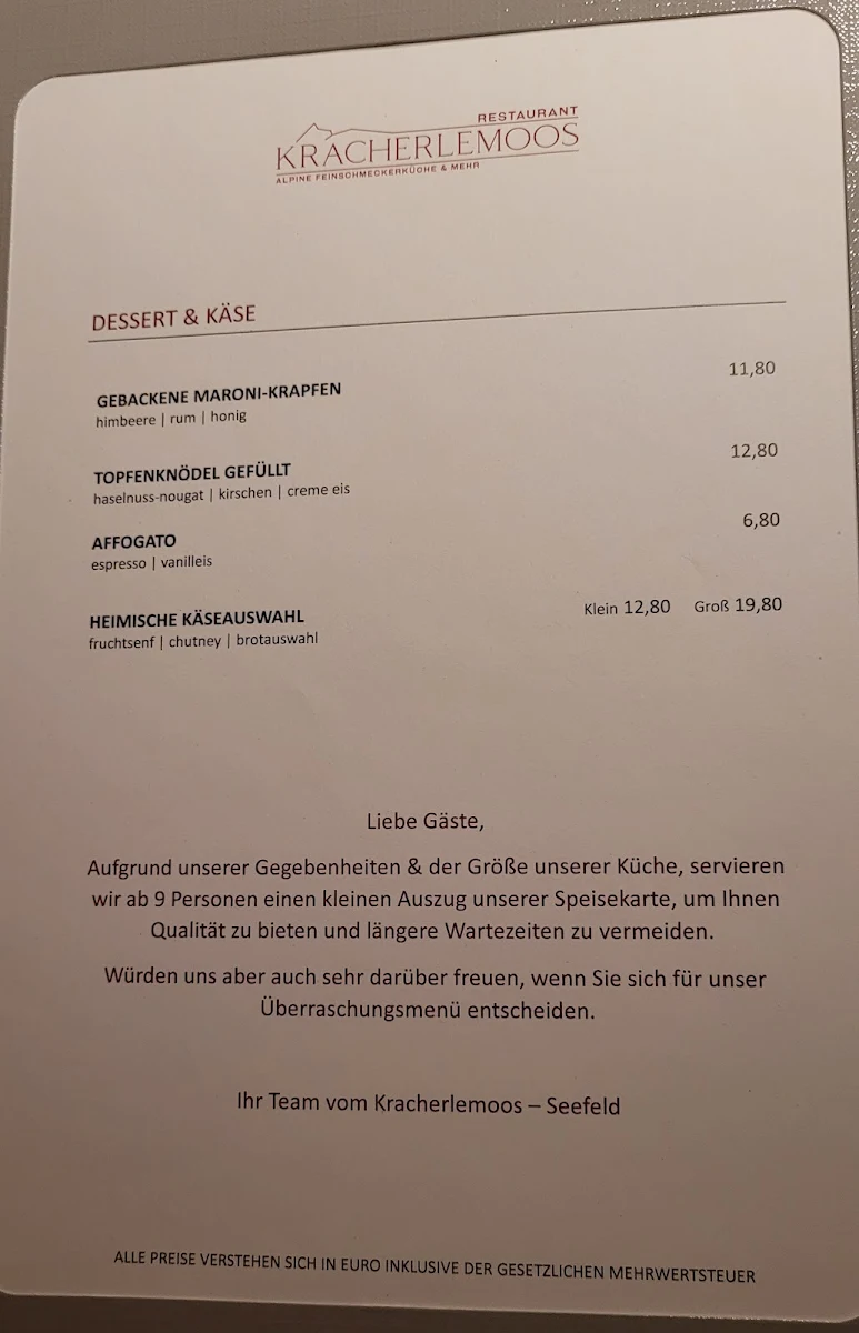 Speisekarte, Kracherlemoos Seefeld