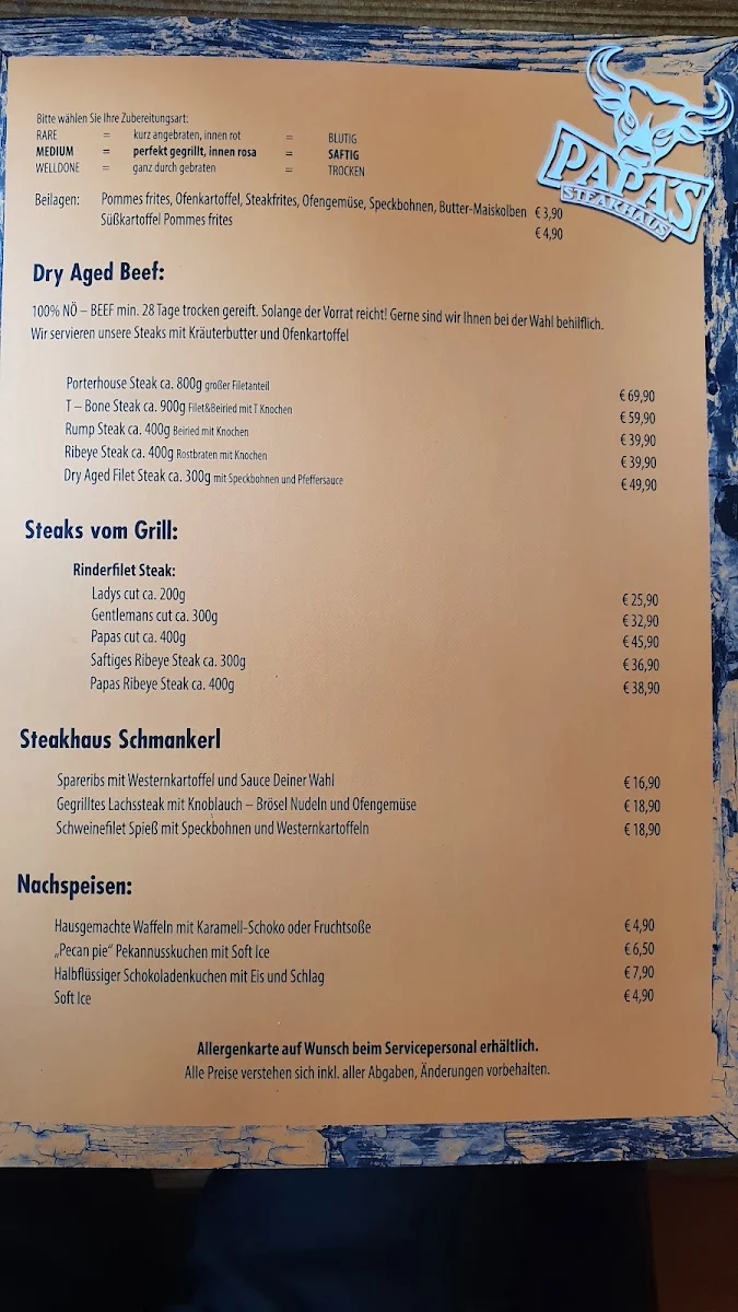Speisekarte, Papa's Steakhaus