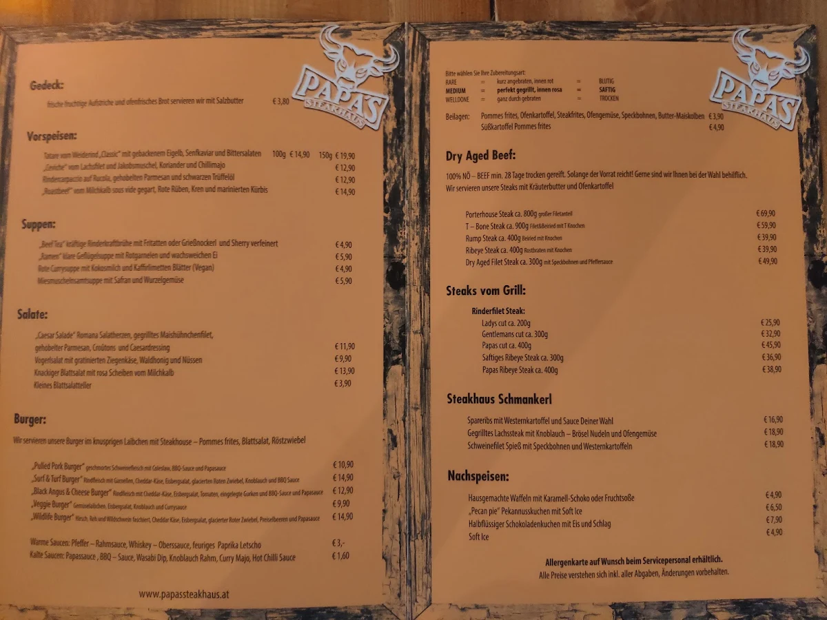 Speisekarte, Papa's Steakhaus