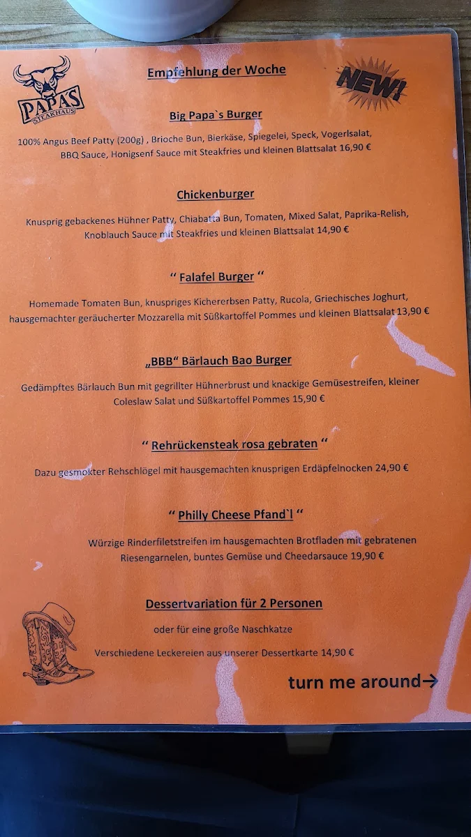 Speisekarte, Papa's Steakhaus