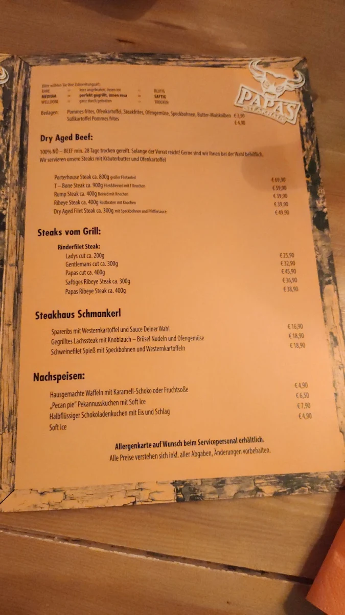 Speisekarte, Papa's Steakhaus