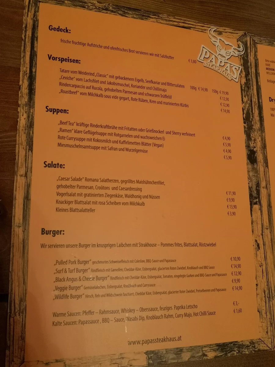 Speisekarte, Papa's Steakhaus