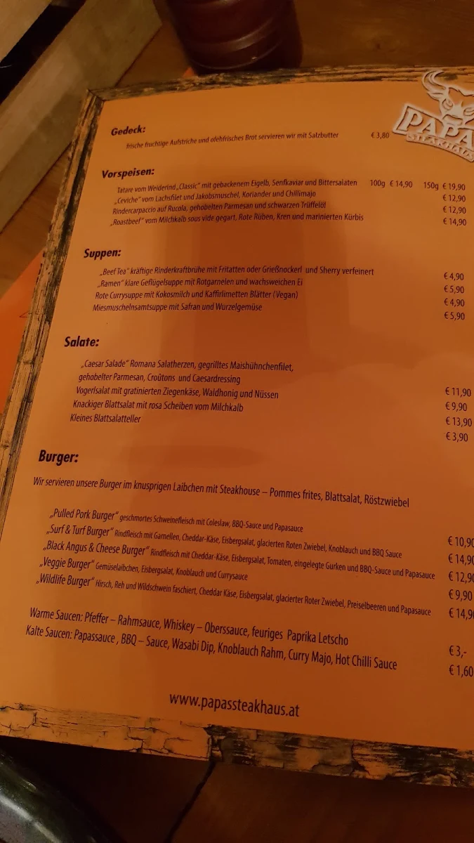 Speisekarte, Papa's Steakhaus
