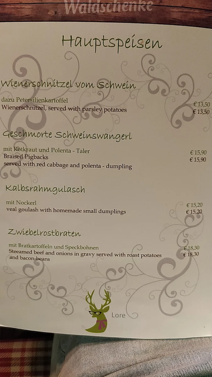 Speisekarte, Waldschenke Ramsau
