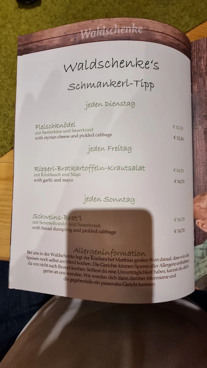Speisekarte, Waldschenke Ramsau