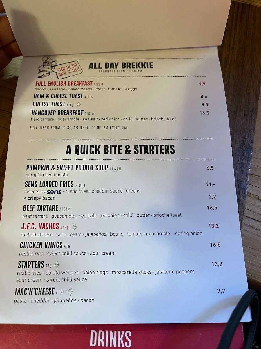 Speisekarte, Crossfield's Australian Pub