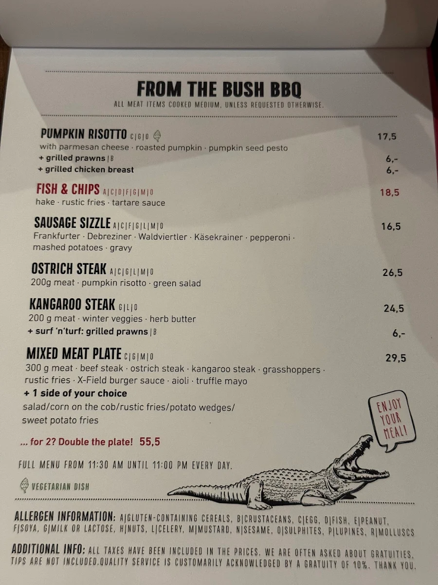Speisekarte, Crossfield's Australian Pub