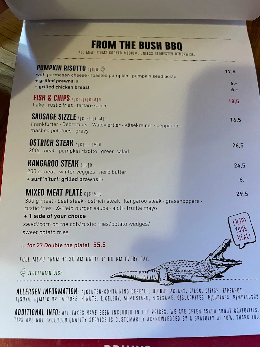 Speisekarte, Crossfield's Australian Pub