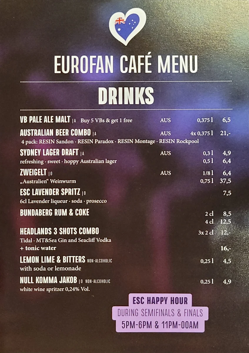 Speisekarte, Crossfield's Australian Pub