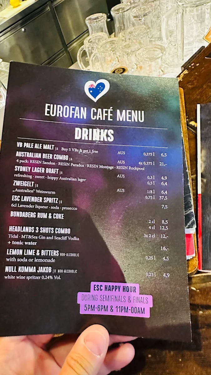 Speisekarte, Crossfield's Australian Pub