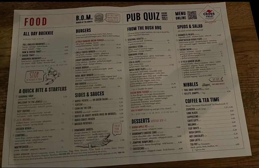 Speisekarte, Crossfield's Australian Pub
