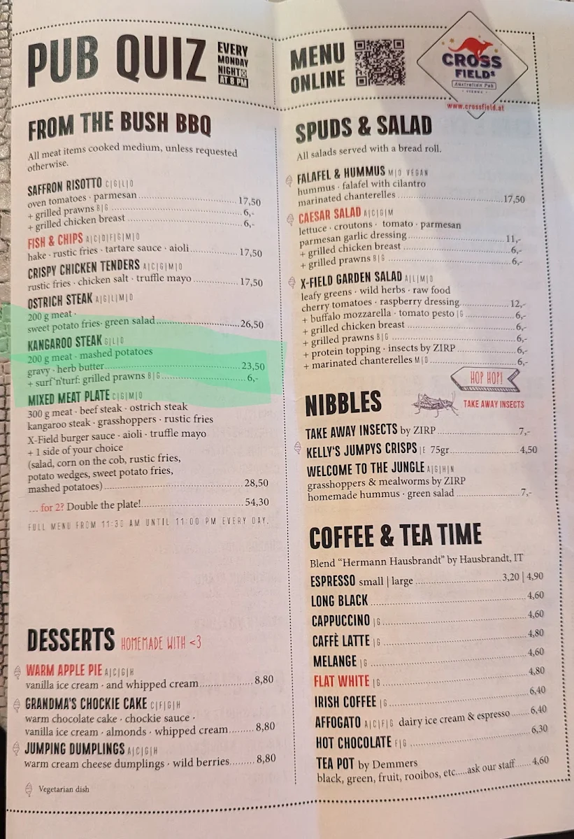 Speisekarte, Crossfield's Australian Pub