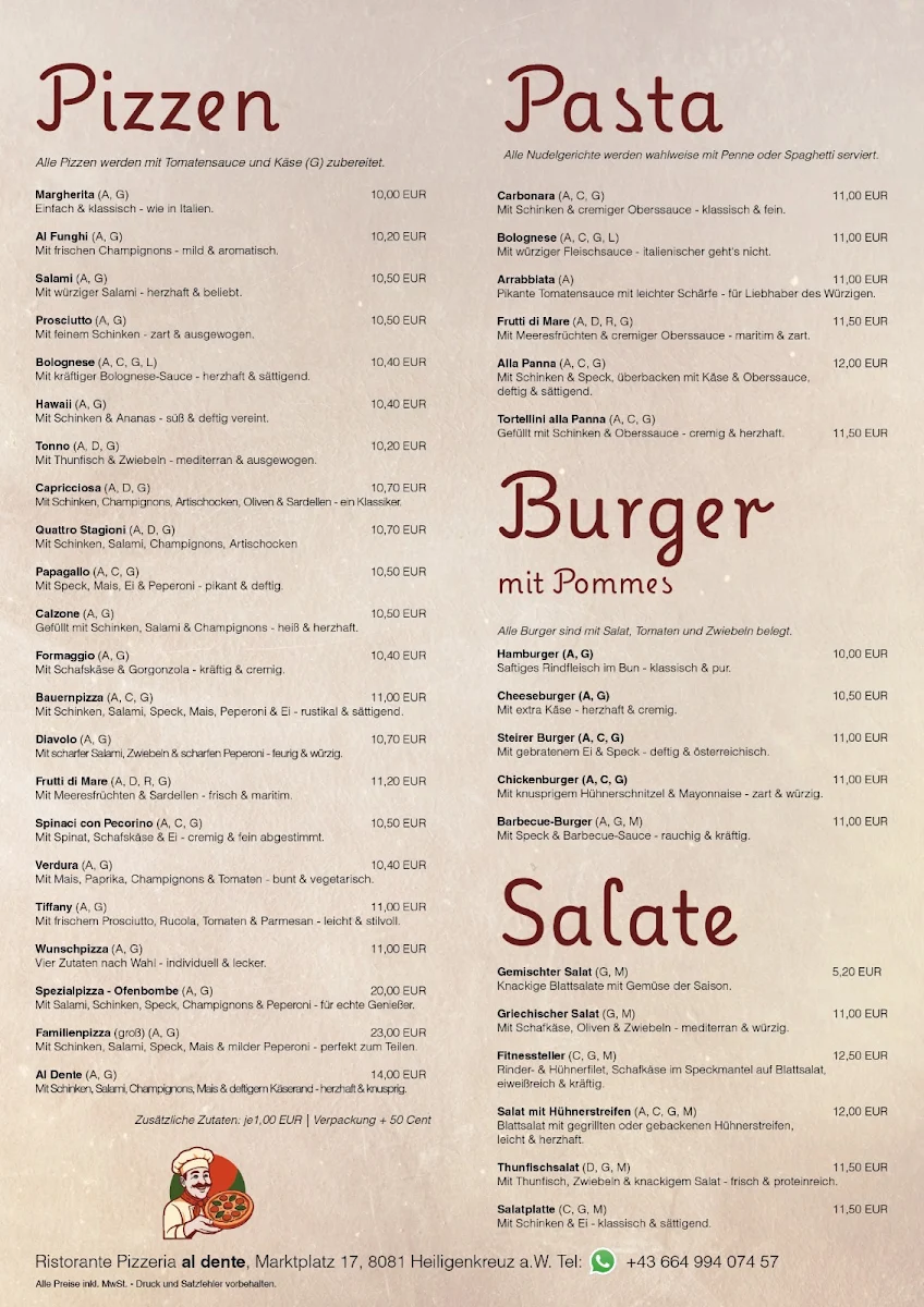 Speisekarte, Pizzeria Al Dente