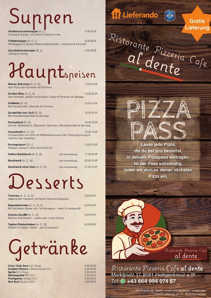 Speisekarte, Pizzeria Al Dente