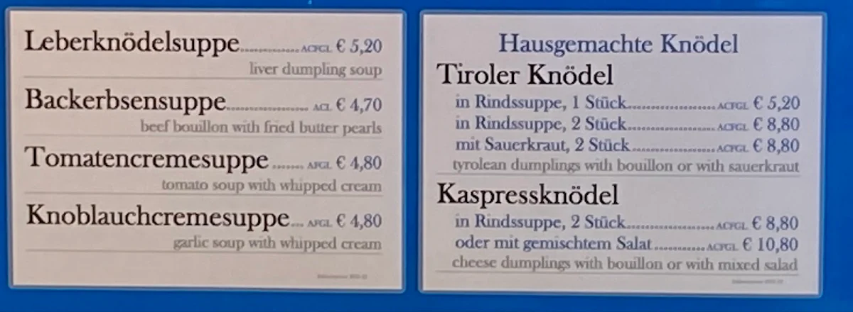 Speisekarte, Goldried Berggasthaus