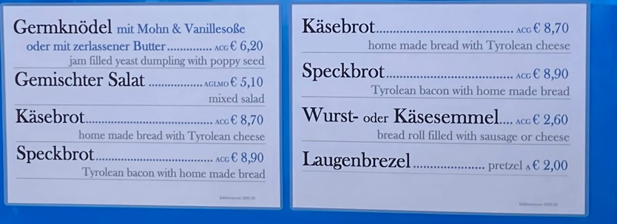 Speisekarte, Goldried Berggasthaus