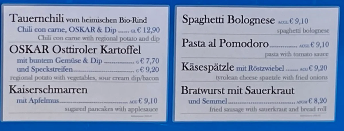 Speisekarte, Goldried Berggasthaus