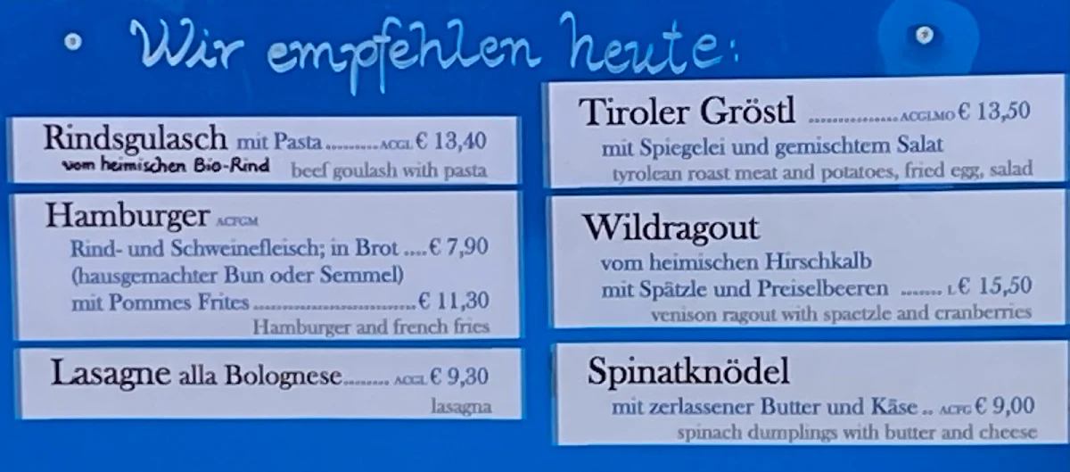 Speisekarte, Goldried Berggasthaus