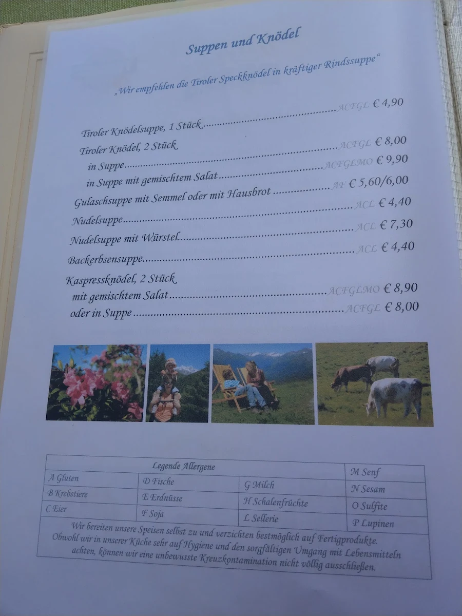 Speisekarte, Goldried Berggasthaus