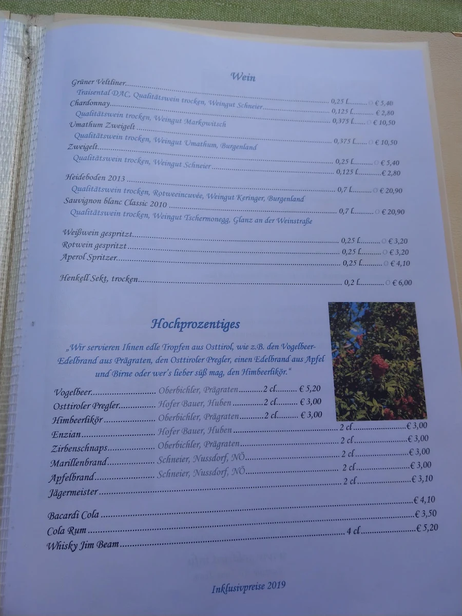 Speisekarte, Goldried Berggasthaus