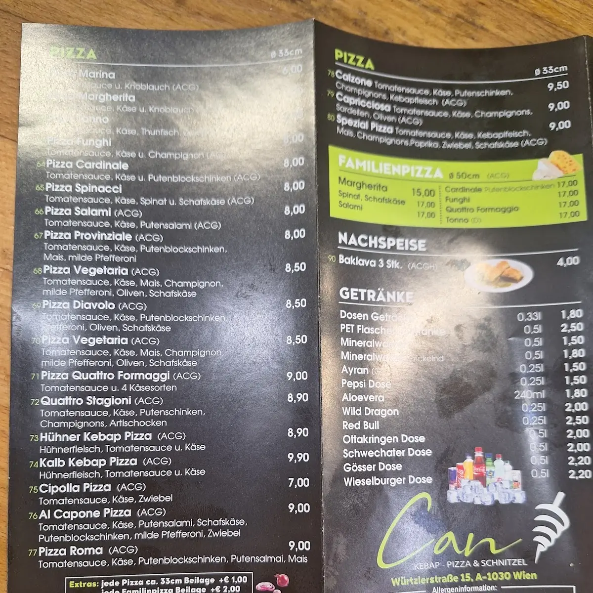 Speisekarte, "Can" - Pizza und Kebap