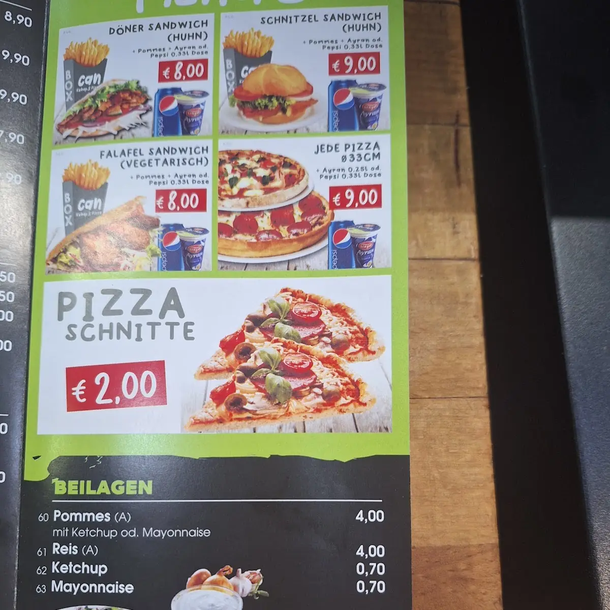 Speisekarte, "Can" - Pizza und Kebap