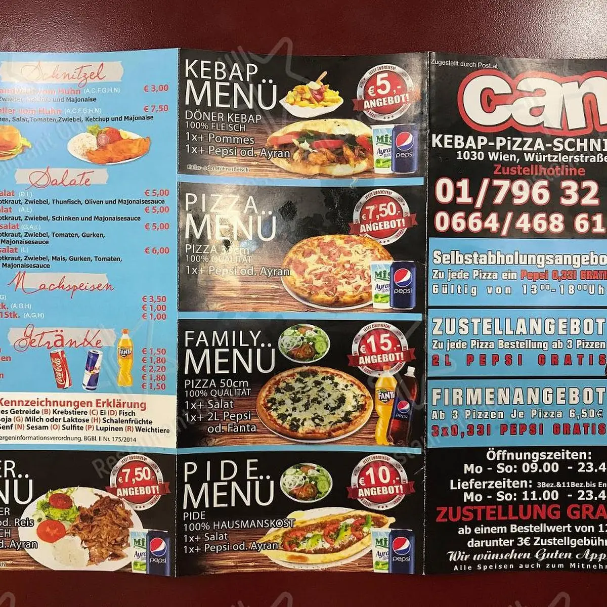 Speisekarte, "Can" - Pizza und Kebap