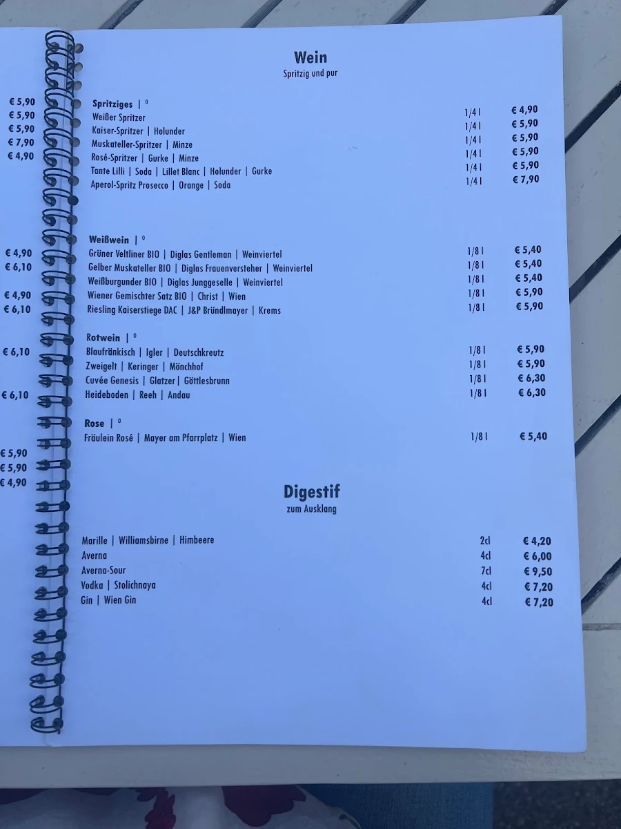Speisekarte, Meierei Diglas im Türkenschanzpark