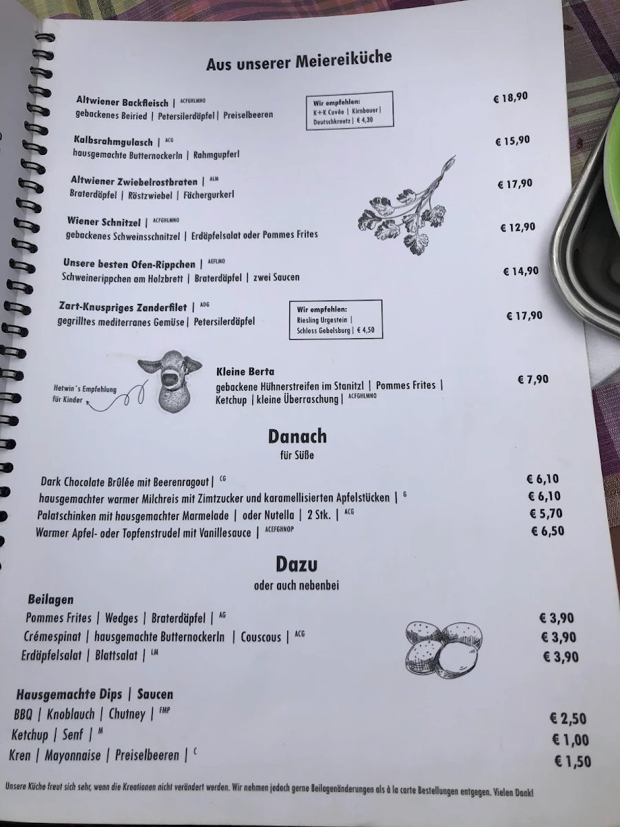 Speisekarte, Meierei Diglas im Türkenschanzpark