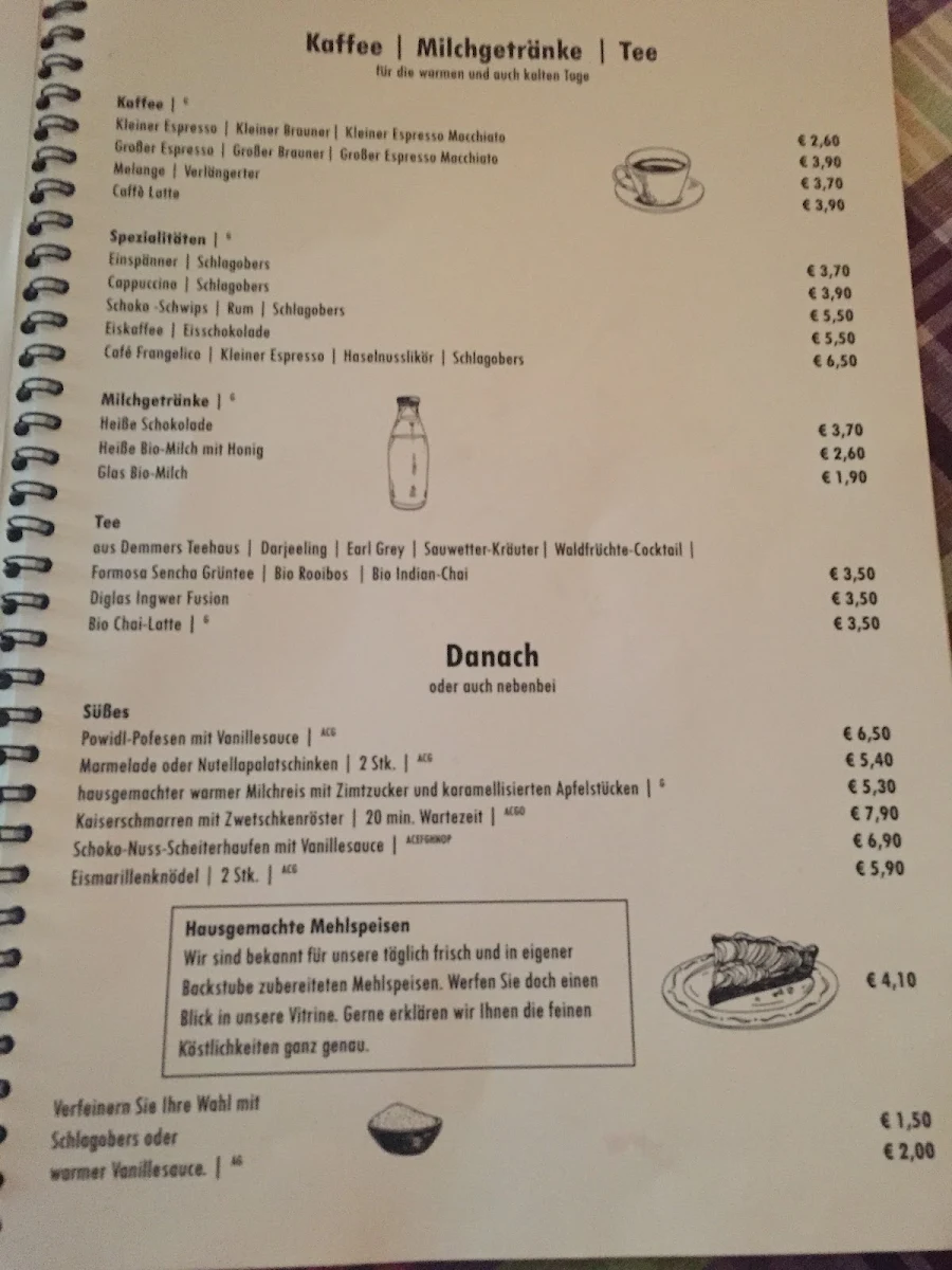 Speisekarte, Meierei Diglas im Türkenschanzpark