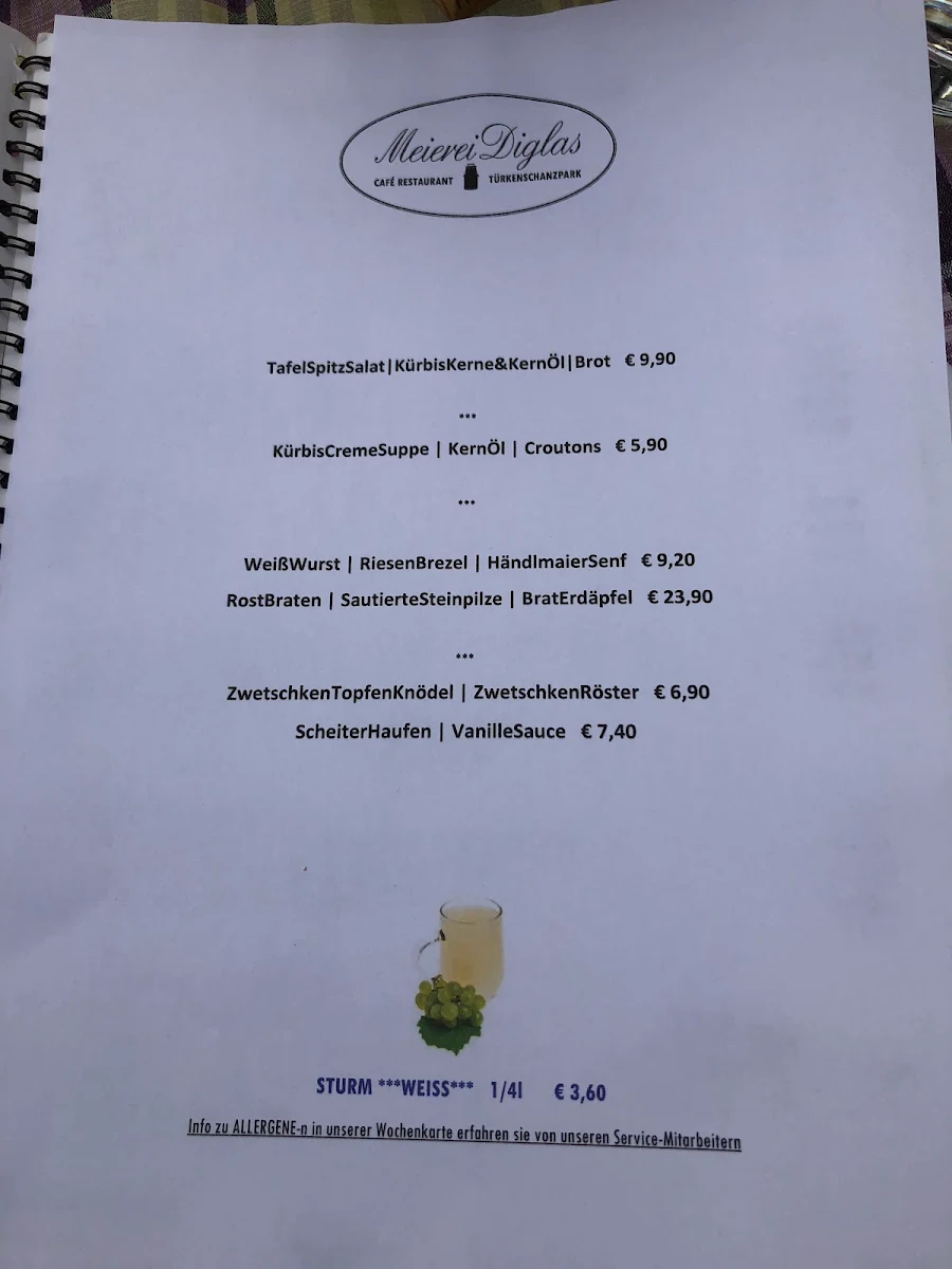 Speisekarte, Meierei Diglas im Türkenschanzpark