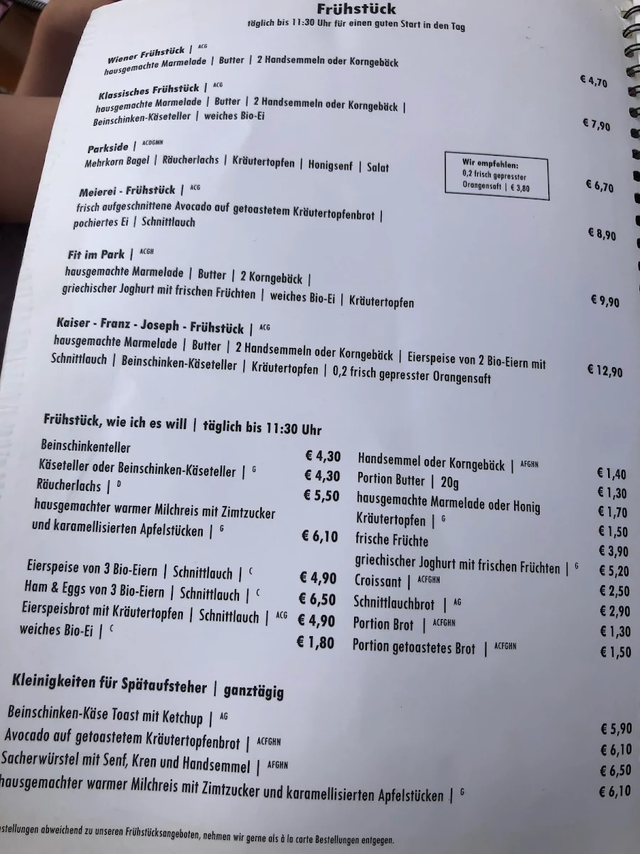 Speisekarte, Meierei Diglas im Türkenschanzpark
