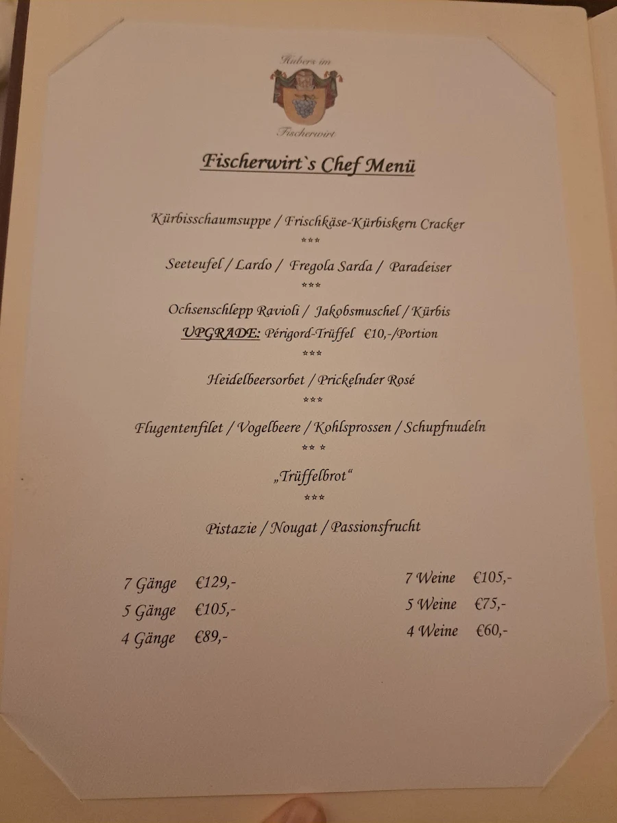 Speisekarte, Huber´s im Fischerwirt
