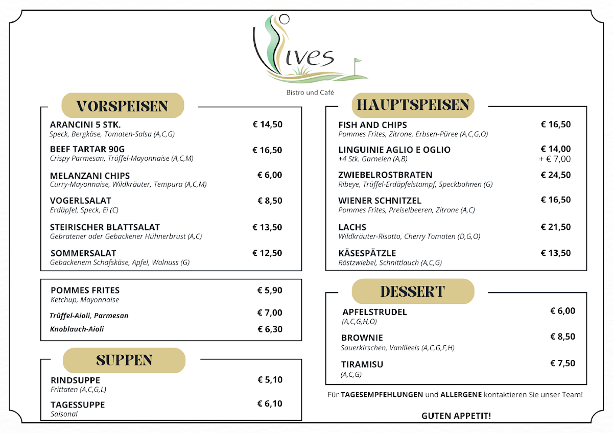Speisekarte, VIVES - Bistro & Café