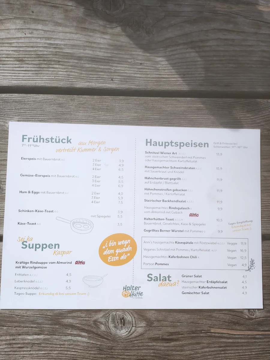 Speisekarte, Halterhütte am Schöckl