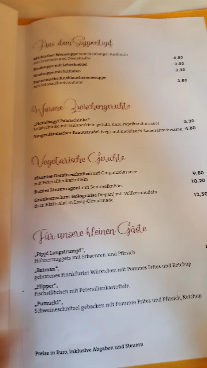 Speisekarte, Andreas Csarda GmbH