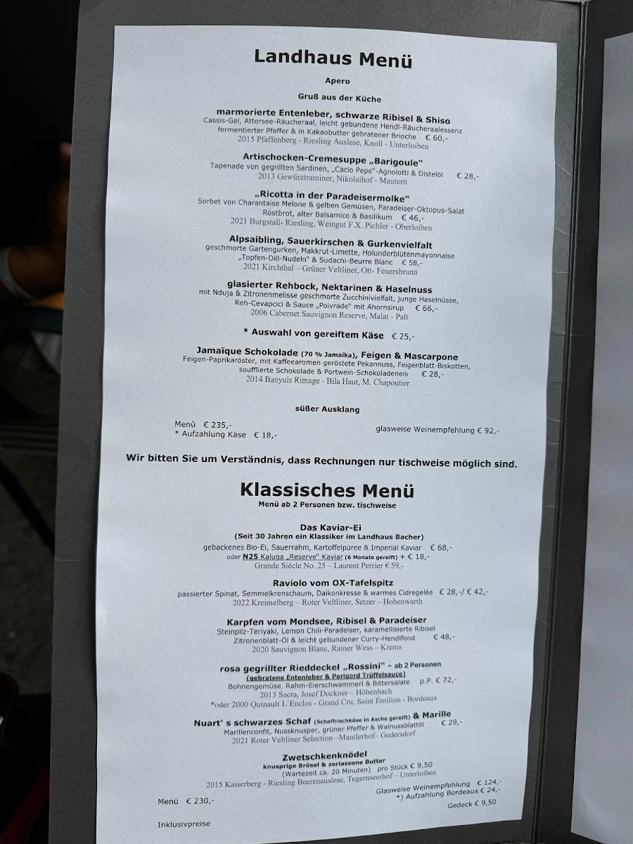 Speisekarte, Landhaus Bacher