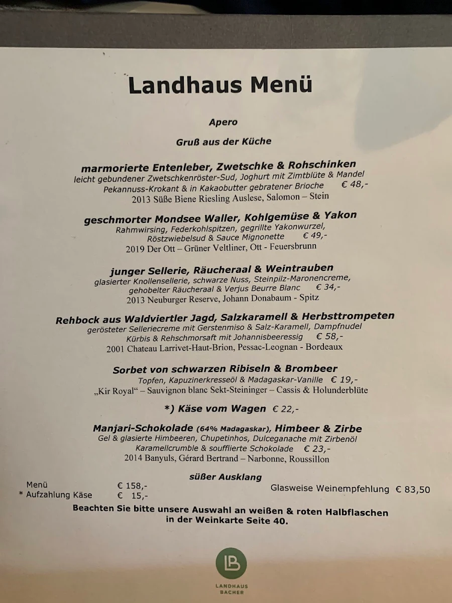 Speisekarte, Landhaus Bacher